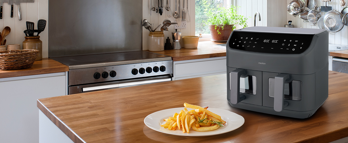 MEDION P20 XXL Фритюрниця з гарячим повітрям з 2 камерами (8,7 л, Airfryer, 2600 Вт, подвійна камера, 10 автоматичних програм, 2 висувні ящики, віконце, Dual Airfryer, ILAG PFAS-free, MD11760) матово-білий, матово-сірий