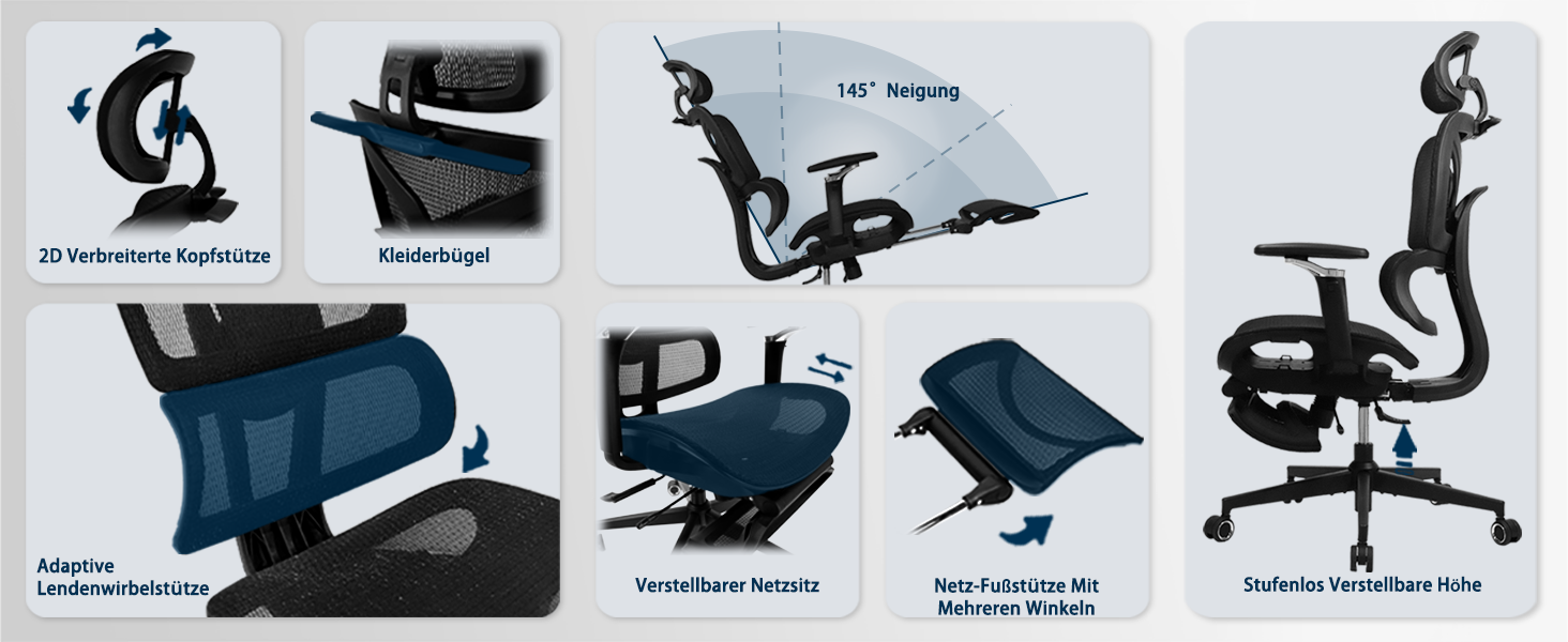 Ергономічне офісне крісло з підставкою для ніг S3 Elite Pro: регульовані підлокітники 5D, поперекова підтримка, сітчаста спинка, регулювання глибини сидіння, поворотне, чорне