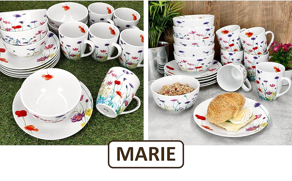 Набір посуду MamboCat Marie 18 предметів для сніданку (6 персон) | Фарфор з квітковим декором | 6 тарілок, 6 кавових чашок 320мл, 6 глибоких тарілок 400мл