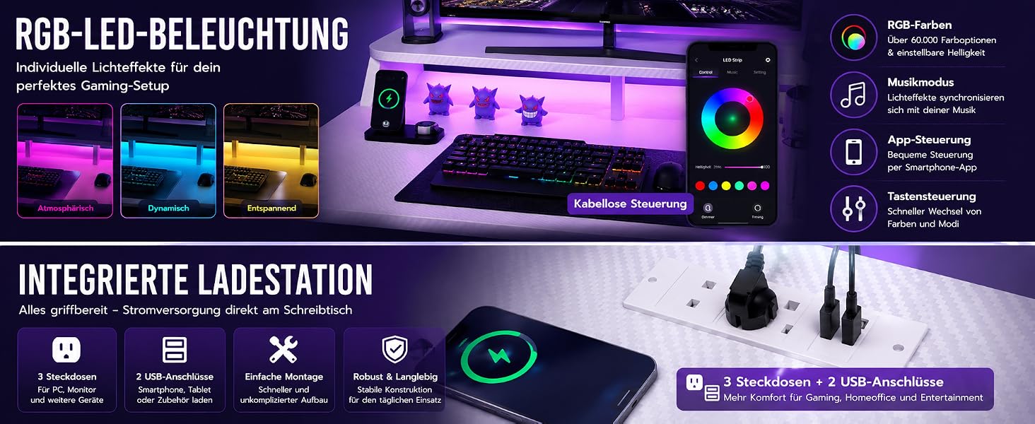 Ігровий стіл APICIZON 150 см з полицею, підставкою для монітора та RGB-підсвіткою, білий карбон. Стіл для ПК з USB-портами, тримачем для навушників та підставкою для чашки