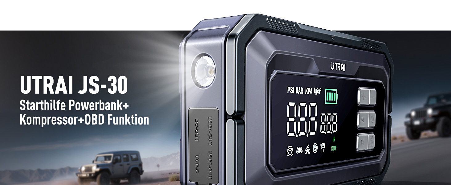 Powerbank-пусковий пристрій UTRAI 7000A з компресором та OBD-сканером. 2000 люмен LED, 160W DC, для бензинових та дизельних авто