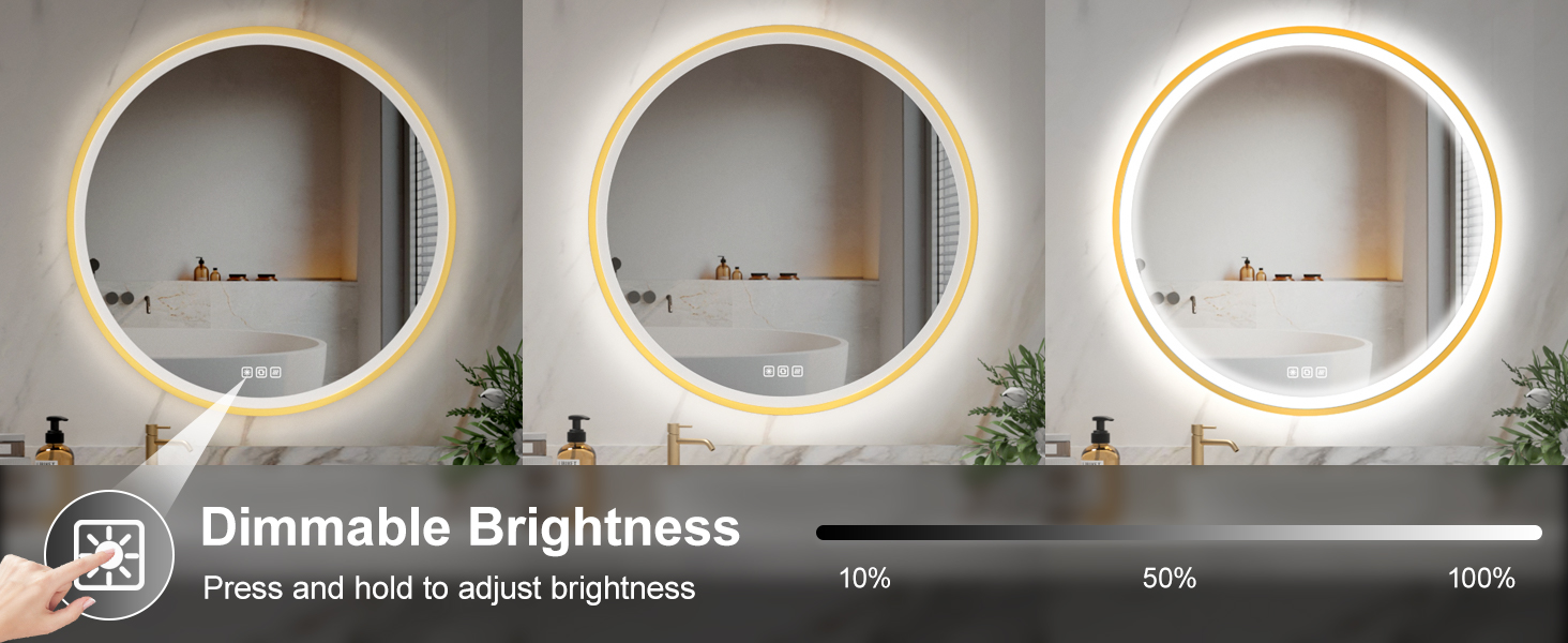 Дзеркало для ванної кімнати Furduzz з LED-підсвічуванням, 700 мм, сенсорне керування, диммування, 3 кольори, протизапотівання, пам'ять, золота рамка (60x60 см)