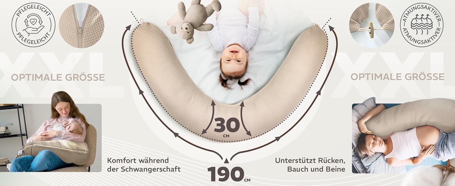 Подушка для вагітних та годування Sei Design XXL 190x30 см, м'ята - ергономічна, з регульованою наповнюваністю, з чохлом з бавовни Oeko-TEX