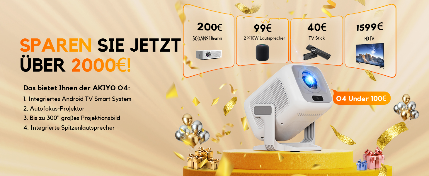 Smart проєктор AKIYO O4 з WiFi 6, Bluetooth 5.4, 4K, HDMI, USB, підтримкою PS5, автофокусом та автотрапецеїдною корекцією