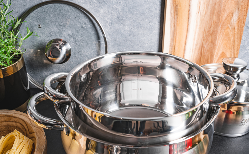 Набір каструль Karl Hausmann 3 шт. з нержавіючої сталі для індукційних та інших плит з кришкою з термостійкого скла та мірною шкалою