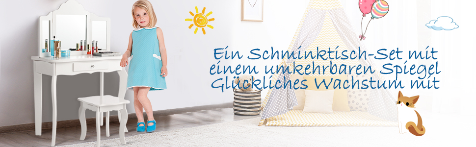 Детский туалетный столик COSTWAY 2-в-1 с LED-подсветкой, зеркалом и ящиками, для девочек (белый)