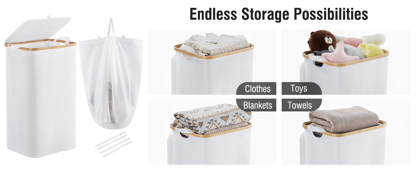 Кошик для білизни Youdenova з кришкою 85л, бамбук та дерево, сортувальник для білизни, великий, складний, білий