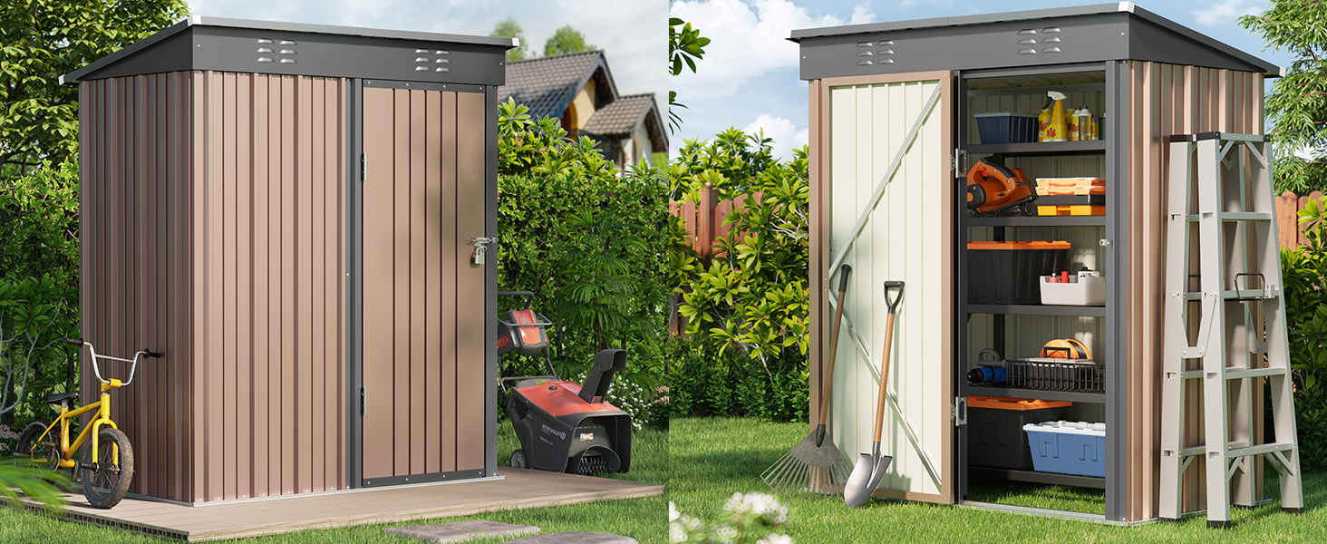 Металевий сарай для інструментів Bealife 180x162x95 см, сталевий садовий шоп, вуличний склад, господарський будиночок для двору, тераси, газону (коричневий)