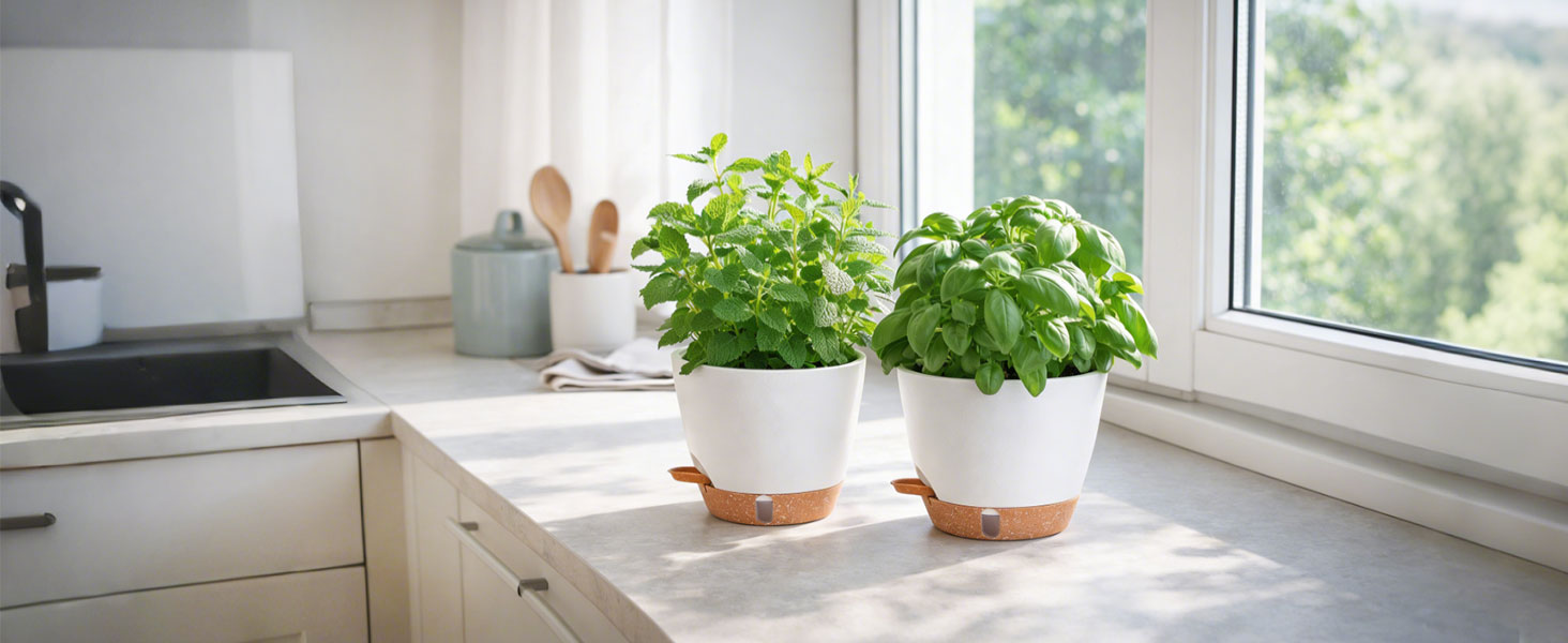 Набір з 4 самополивних горщиків для квітів T4U з індикатором рівня води, легкий у догляді, великий розмір (15 см, білий)