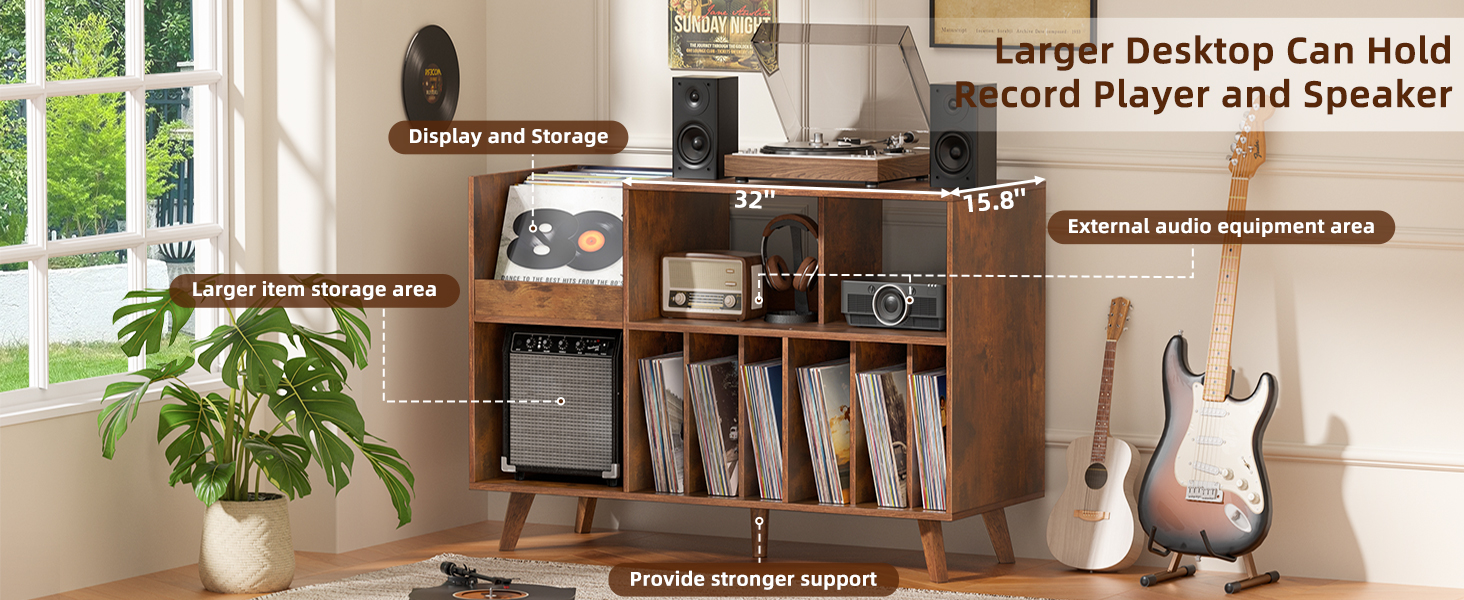 Стійка для платівок з полицями на 450 альбомів, коричнева. Підставка для вінілових платівок для музичної кімнати або вітальні