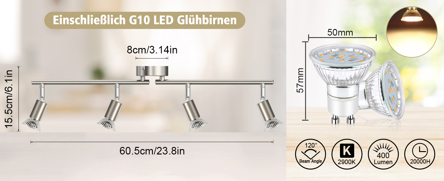 Стельовий LED світильник Defurhome на 4 поворотні споти, сучасна люстра-спот у кольорі матовий нікель для кухні, вітальні та спальні, з 4 лампами GU10 по 4W (тепле біле світло), сріблясто-сірий
