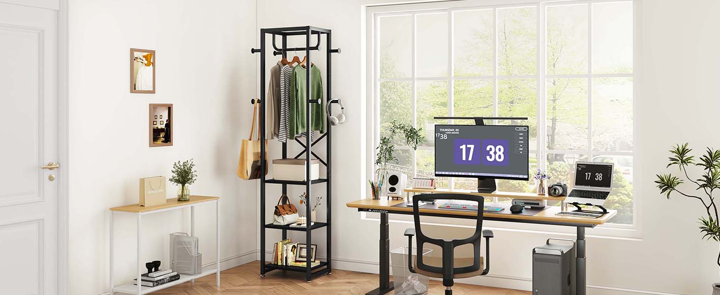 Підставка для одягу IBUYKE, вішалка для одягу з 3 полицями та 8 гачками, індустріальна вішалка для передпокою, коридору, спальні, природа та білий, TMJ088R, Природний та Білий (180 x 40 x 30 см, Чорний)