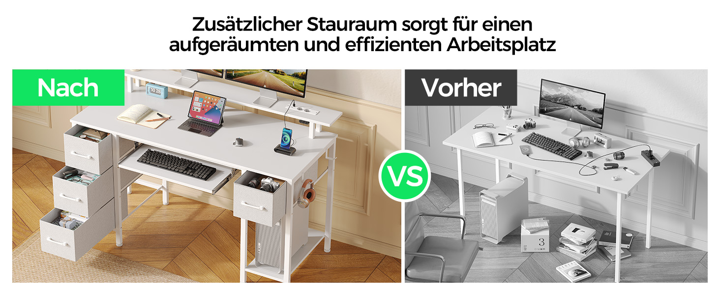 Стіл Rolanstar з шухлядами, 120x47 см, ігровий стіл з розеткою, LED-підсвітка та підставка для монітора, стіл для комп'ютера з підставкою для клавіатури, білий