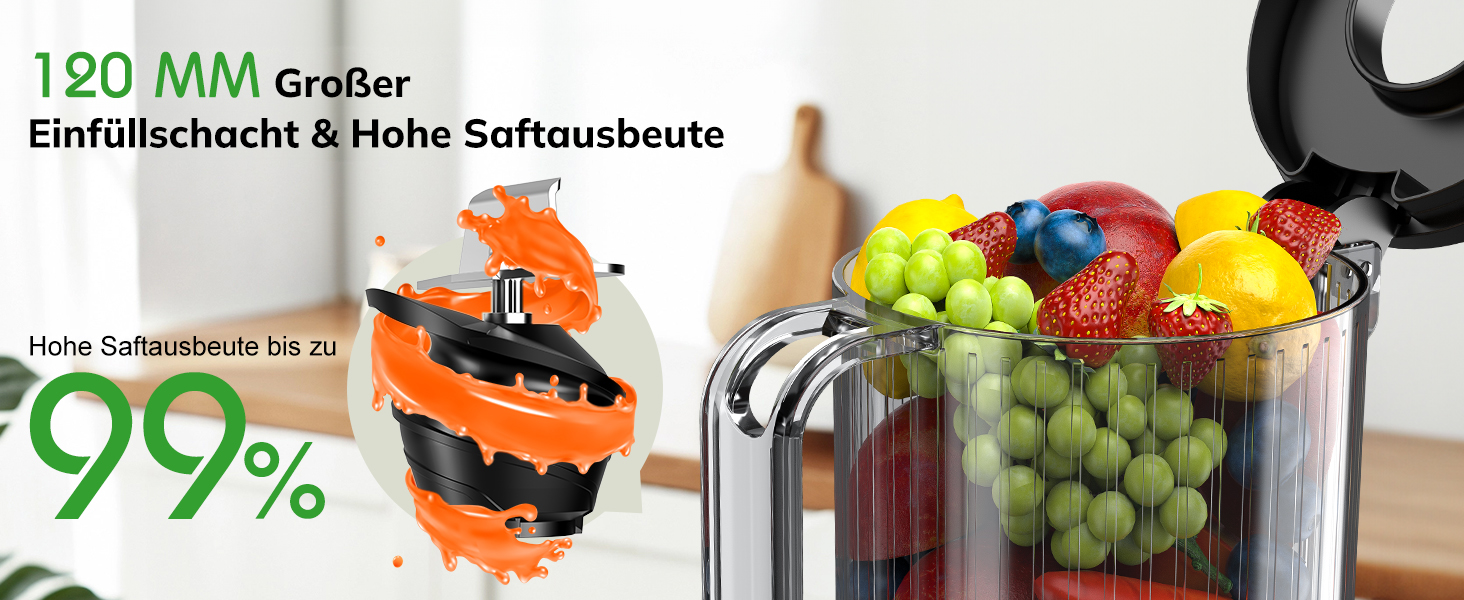 Електричний соковитискач Slow Juicer з великою завантажувальною воронкою 120 мм для цілих овочів та фруктів, об'єм контейнера для соку 600 мл, легке очищення, для сім'ї, фітнесу та здоров'я (сірий)