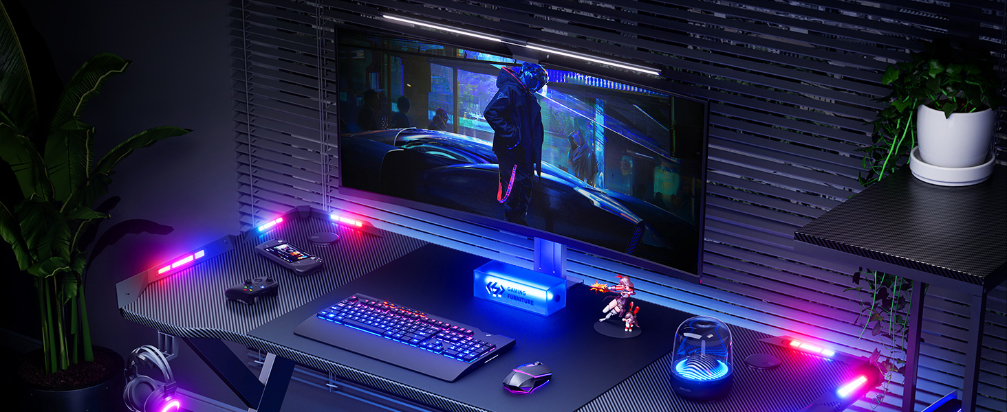 Ігровий стіл HLONONE з LED підсвічуванням, 160 x 60 см, стіл для комп'ютера з карбоновим покриттям, чорний, з тримачем для напоїв та гачком для навушників