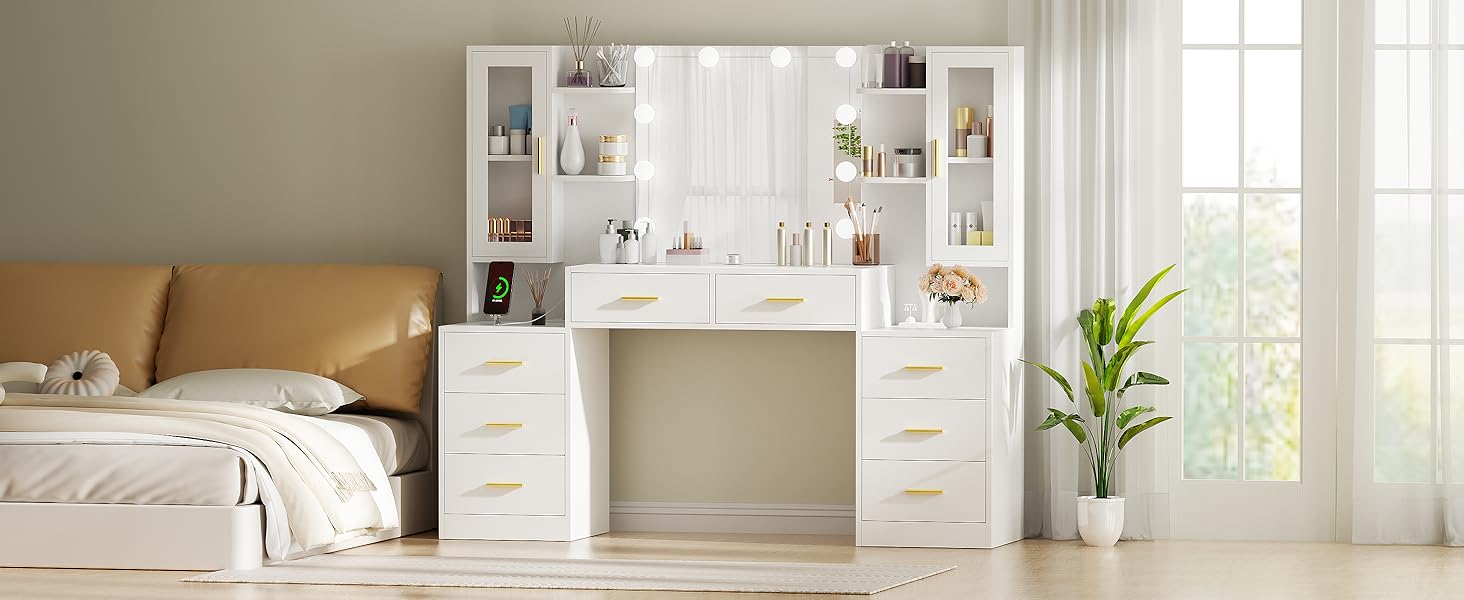 Великий туалетний столик ANWBROAD з LED-підсвіткою (3 кольори), розетками, дзеркалом та 8 висувними ящиками. Сучасний дизайн, колір - білий, розмір 150x135x40 см. Модель BDT67W