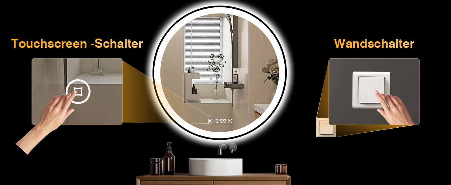 Дзеркало кругле PESENXAN 70 см з чорною рамою та підсвічуванням. Антизапарник, регульоване світло, LED, енергозберігаюче, сенсорне управління, функція пам'яті. 70 x 70 см