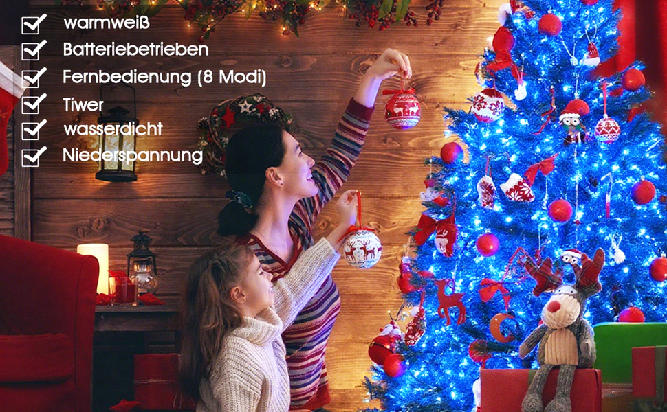 Ланцюжок прикрас LED 100 шт., 10 м, 8 режимів, пульт, таймер, тепле біле світло, диммування, вологостійкий, для дому та саду