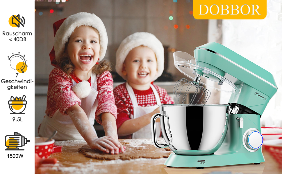 Кухонна машина 9.5л з планетарним міксером, 1500W, DOBBOR, з набором насадок (міксер, гак для тіста, вінчик), 7 швидкостей, синій колір