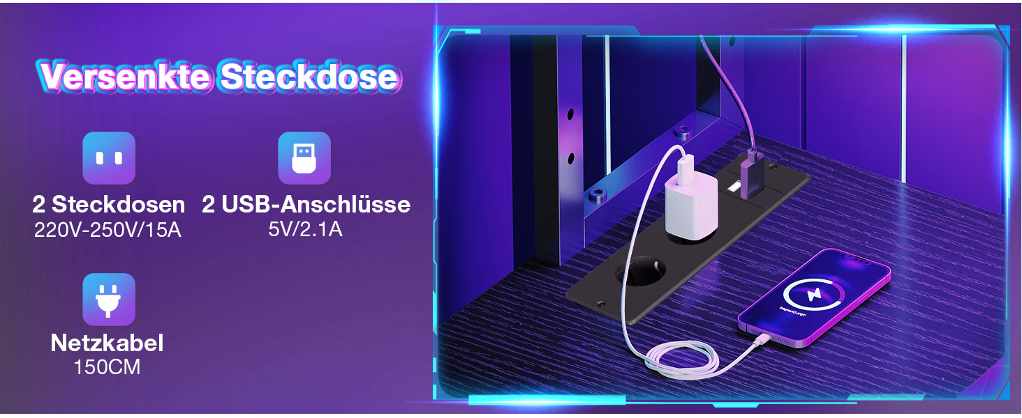 Ігровий стіл Coleshome L-подібної форми з LED-підсвічуванням та розетками, 115 × 80 см. Реверсивний стіл з полицями для зберігання, чорний. Підходить для home office та геймінгу.