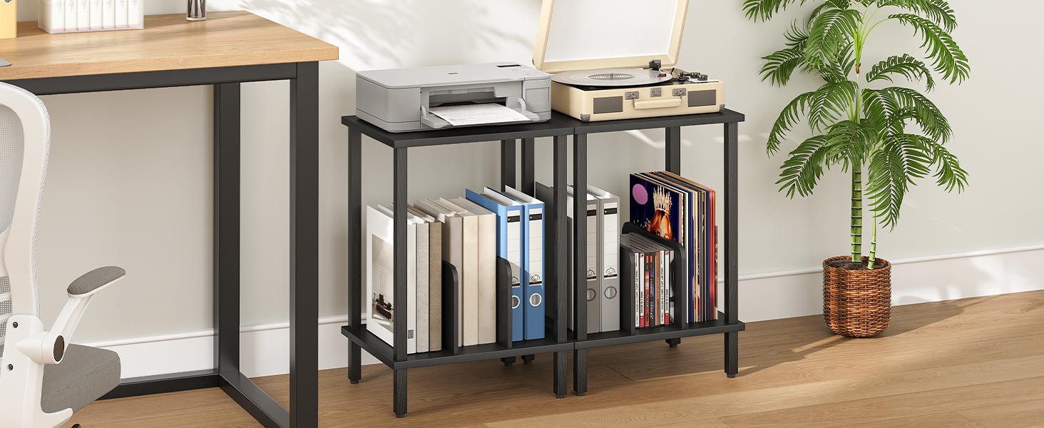 HOOBRO Стійка для програвача, полиця для платівок, приліжкова тумбочка, полиця для платівок з перегородками, органайзер для платівок, до 100 альбомів, для вітальні, чорний EBK05RS01