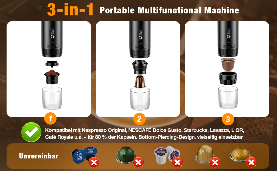 Міні кавомашина FNITAER для подорожей: 3-в-1, акумулятор, USB, капсули та мелена кава, для авто, кемпінгу, чорний