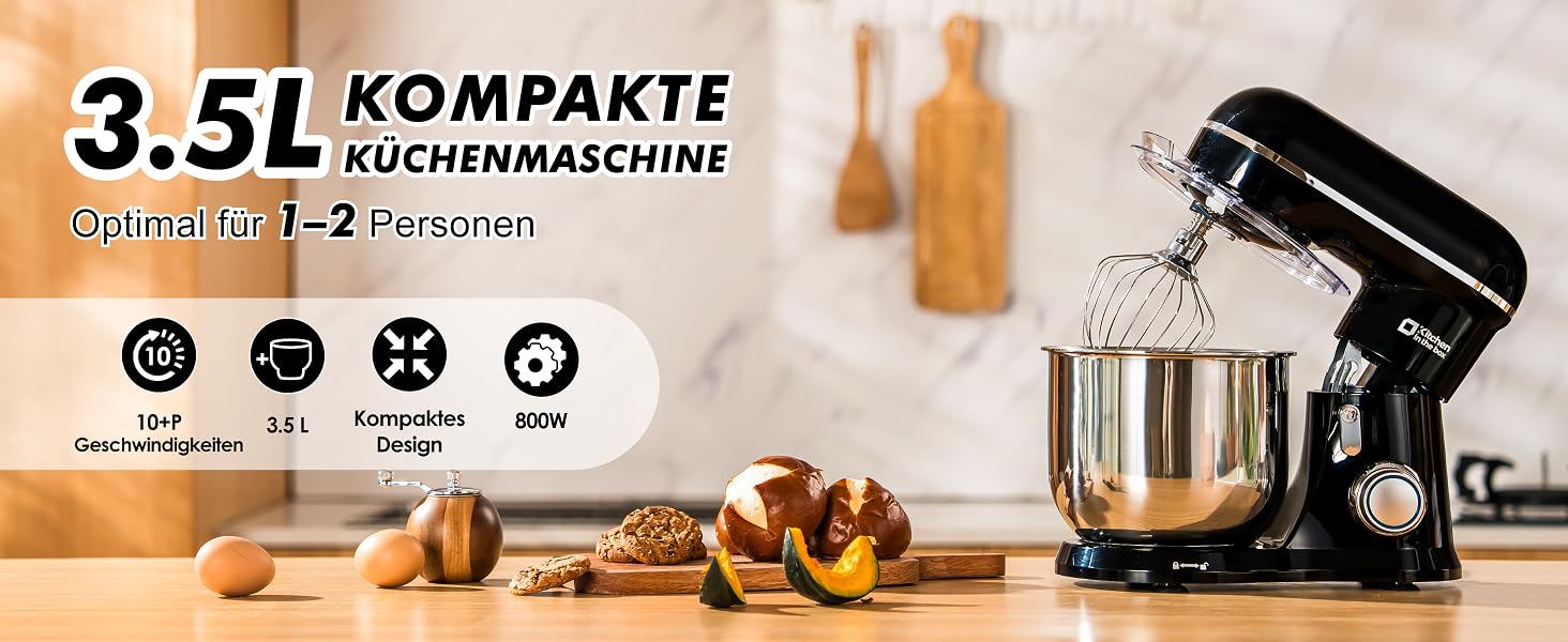 Кухонний комбайн Kitchen in the box Kompakte — планетарний міксер та тістоміс 3.5 л, 10 швидкостей, з насадками (гак, вінчик, міксер), чорний
