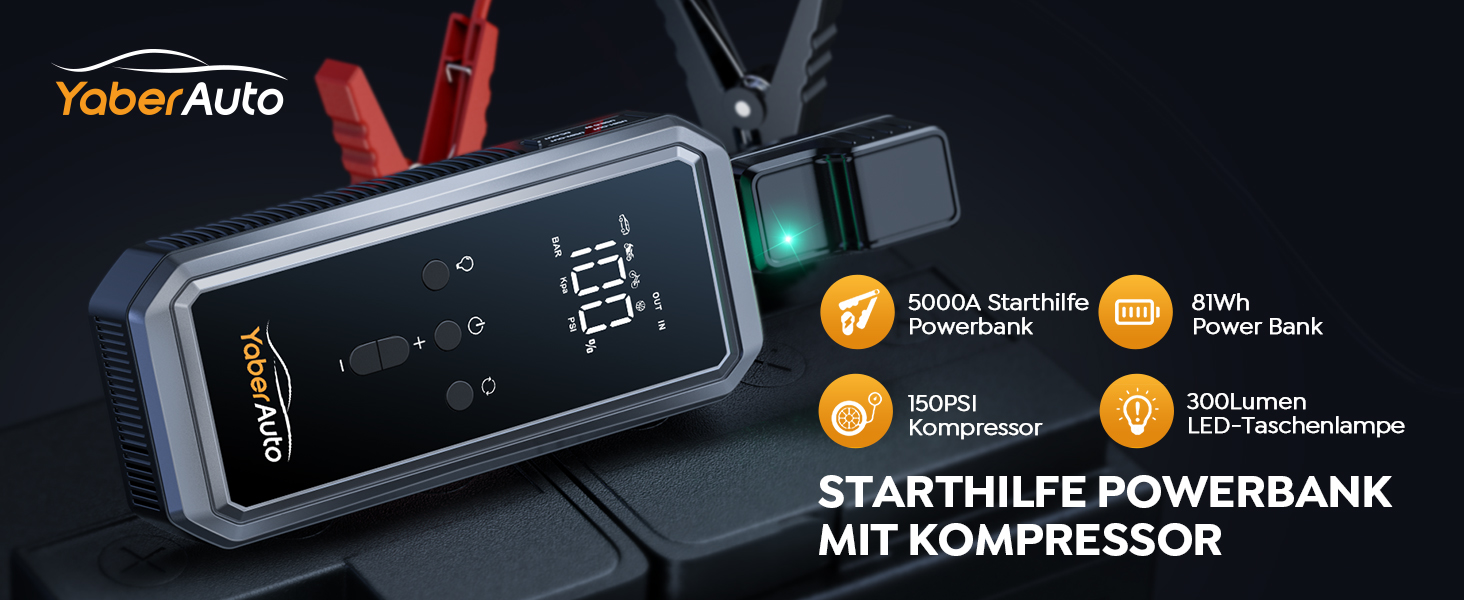 Портативний пусковий пристрій YaberAuto YA70 з компресором 150 PSI, Powerbank 21800mAh, ліхтарик 300 Lumen, LCD екран