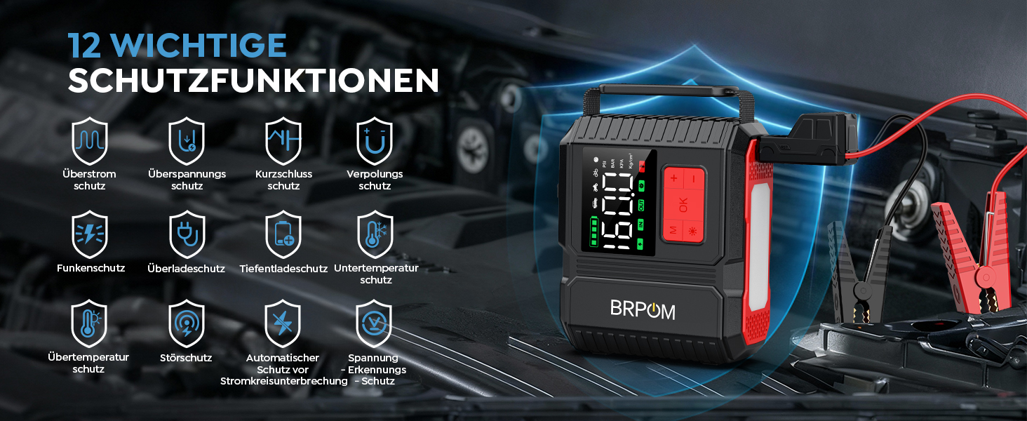 Портативний пусковий пристрій BRPOM з компресором та LED-ліхтарем, 26800mAh, 160PSI, сумісний з бензиновими та дизельними двигунами (до 12.0L)