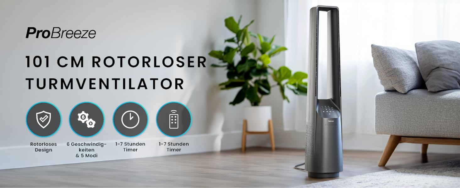 Pro Breeze Tower Fan 101 см без лопатей - вентилятор з LED дисплеєм, 6 швидкостей, 5 режимів, автоколивання 60°, таймер 7 годин (пульт, срібний)
