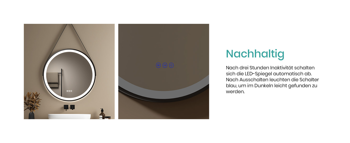 Дзеркало для ванної кімнати EMKE з підсвічуванням, діаметр 50 см, чорний каркас, регульована яскравість, 3 кольори світла, антизапар, сенсорне керування, функція пам'яті