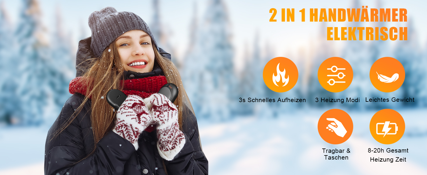 Електричний нагрівач для рук, перезарядна пара, 6000mAh, USB-кабель, 3 режими нагріву, 20 годин тепла, для активного відпочинку взимку, чорний