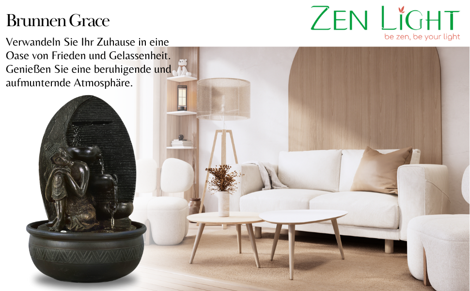 Декоративний фонтан Zen'Light Будда Grace з кольоровою LED-підсвіткою для медитації та релаксації, безшумний насос, знімна скульптура, висота 40 см