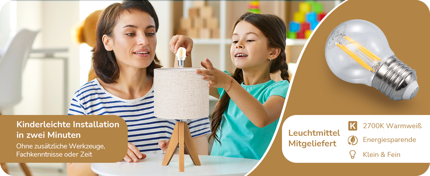 LED настільна лампа EDISHINE з ручним плетінням абажуру та дерев'яним штативом, 2700K тепле світло, бохо стиль для спальні, вітальні та готелю, з лампою E27 4W (сучасний дизайн)