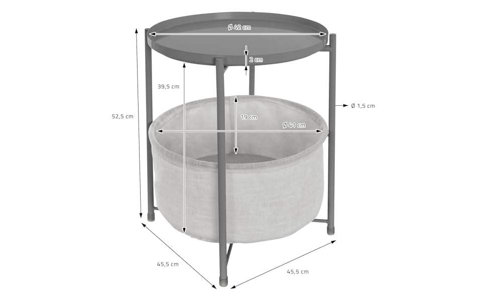 Круглий журнальний стіл ML-Design Ø45,5 x В 52,5 см, сірий, металевий, журнальний столик з тканинним кошиком і знімним підносом, журнальний столик з місцем для зберігання, сучасний дизайн, маленький столик, стіл для вітальні Приліжкова тумбочка