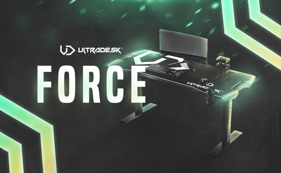 Ігровий стіл ULTRADESK Force , регульований по висоті, подушка XXL, 2 кабельні розетки, поличка для подовжувачів, світлодіодне RGB-підсвічування, сталева рама, сірий, 166x70 см