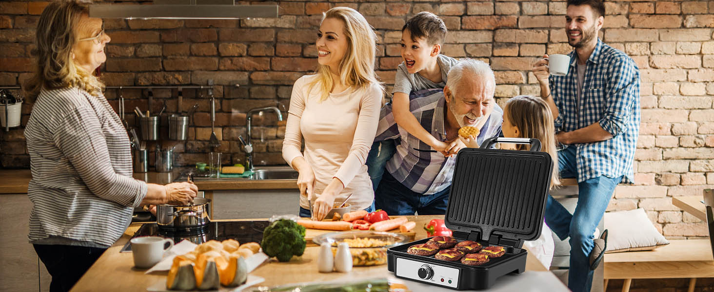 Контактний гриль YASHE, 4 пластини для сендвічів, антипригарне покриття, 1800W, регулювання температури, індикатор, відкривання 180°, знімна підставка для збору жиру, чорний