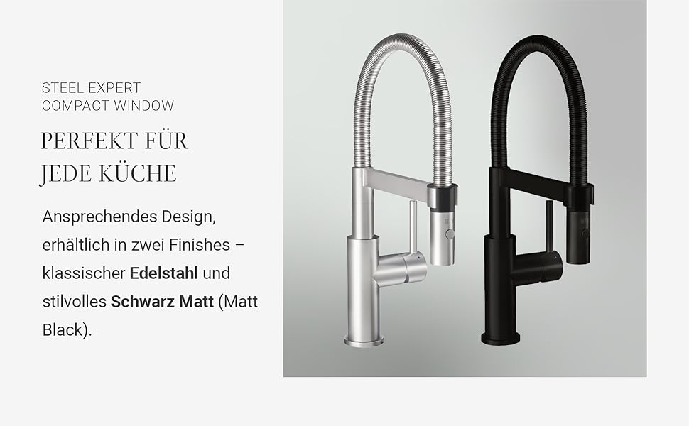 Змішувач кухонний Villeroy & Boch Steel Expert Compact, чорний матовий, з висувним гусаком та перемикачем, висота 147мм