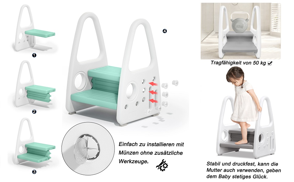 Тритх-стілець для дітей LZQ Kinder Tritthocker: 2 сходинки, піраміда, антиковзкий, пластик, рожевий (2-5 років)