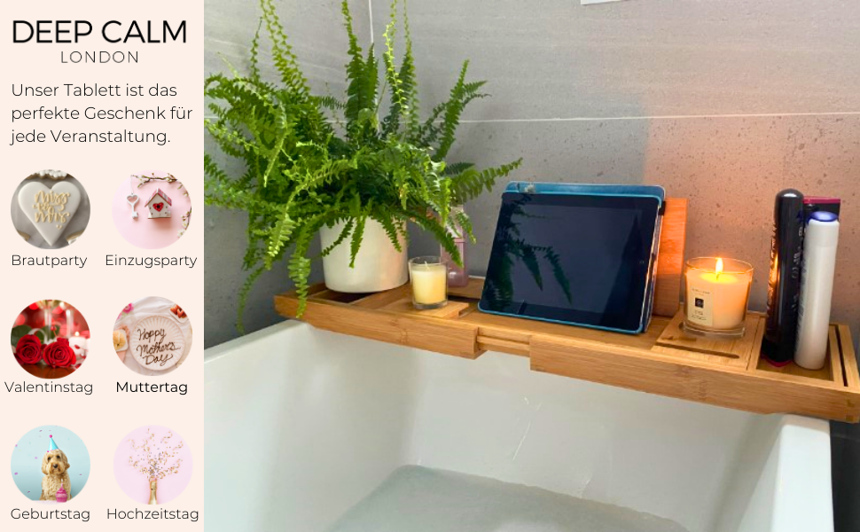 Підставка для ванни Deep Calm з бамбука - регульована, антиковзка, для книг, iPad, телефону, склянки, свічки (біла)