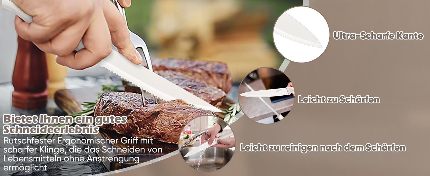 Набір кухонних ножів Homikit з підставкою, з шліфувальником, нержавіюча сталь, 6 ножів для стейку, антиковзні ручки, 15 предметів