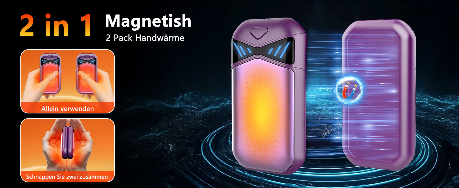 Електричні грілки для рук DDKJ 2 шт., 7000mAh, з магнітом, 3 режими нагріву до 55°C, для дітей, чоловіків, жінок, фіолетові