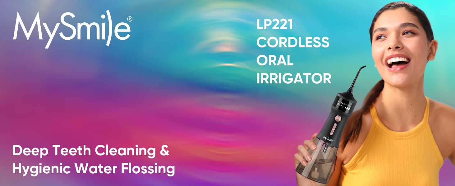 MySmile LP221: Бездротовий ірigator для зубів з UVC стерилізацією, 335 мл, OLED-дисплей, 4 режими, 8 насадок, для дому та подорожей, чорний