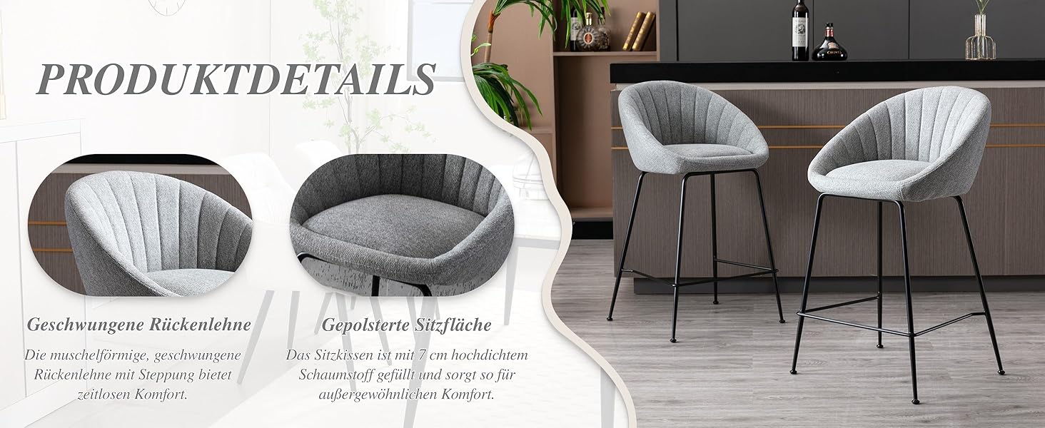 Набір з 2 барних стільців Chairus: міцний металевий каркас, сидіння з льону, для кухні/домашнього бару, сірий