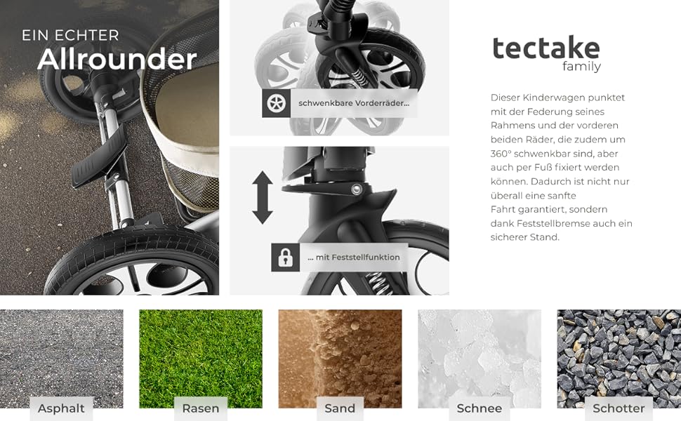 Дитяча коляска Tectake 2 в 1: розкладний візок-ліжко з підніжкою, тримачем для напоїв, люлькою та дощовиком (сірий/бежевий)