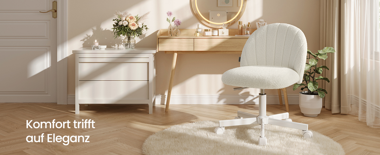 Крісло SONGMICS для дому та офісу, крісло для макіяжу з флісу, регульоване по висоті, для робочого кабінету, спальні, гардеробної, кремово-біле, OBG027WD01