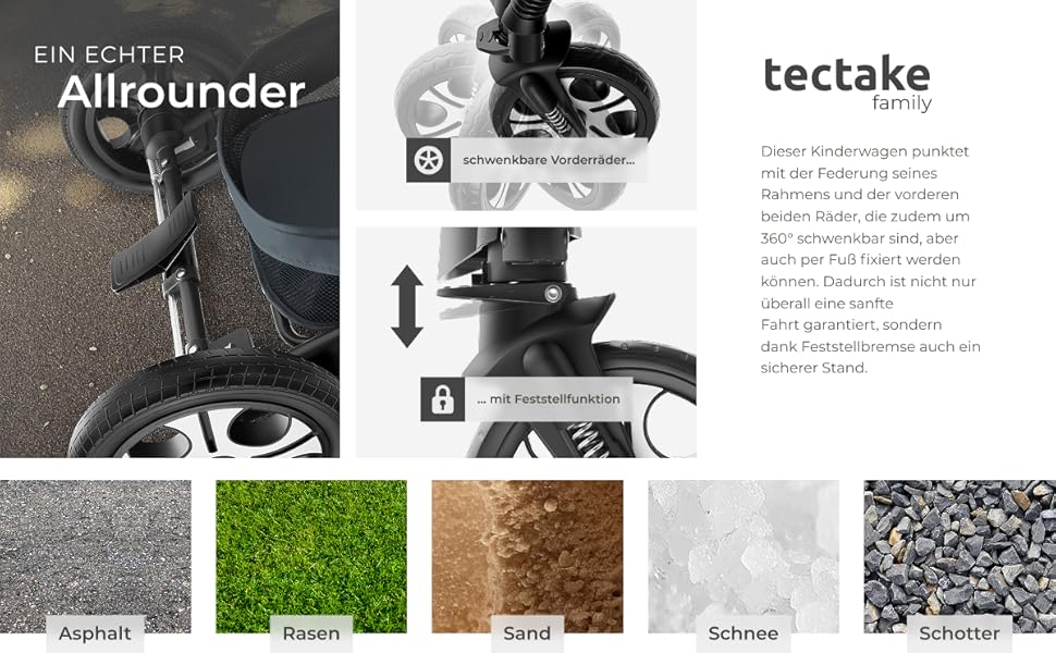 Дитяча коляска Tectake 2 в 1, розкладна, з люлькою, вагончиком, підстаканником, дощовиком, сірого кольору