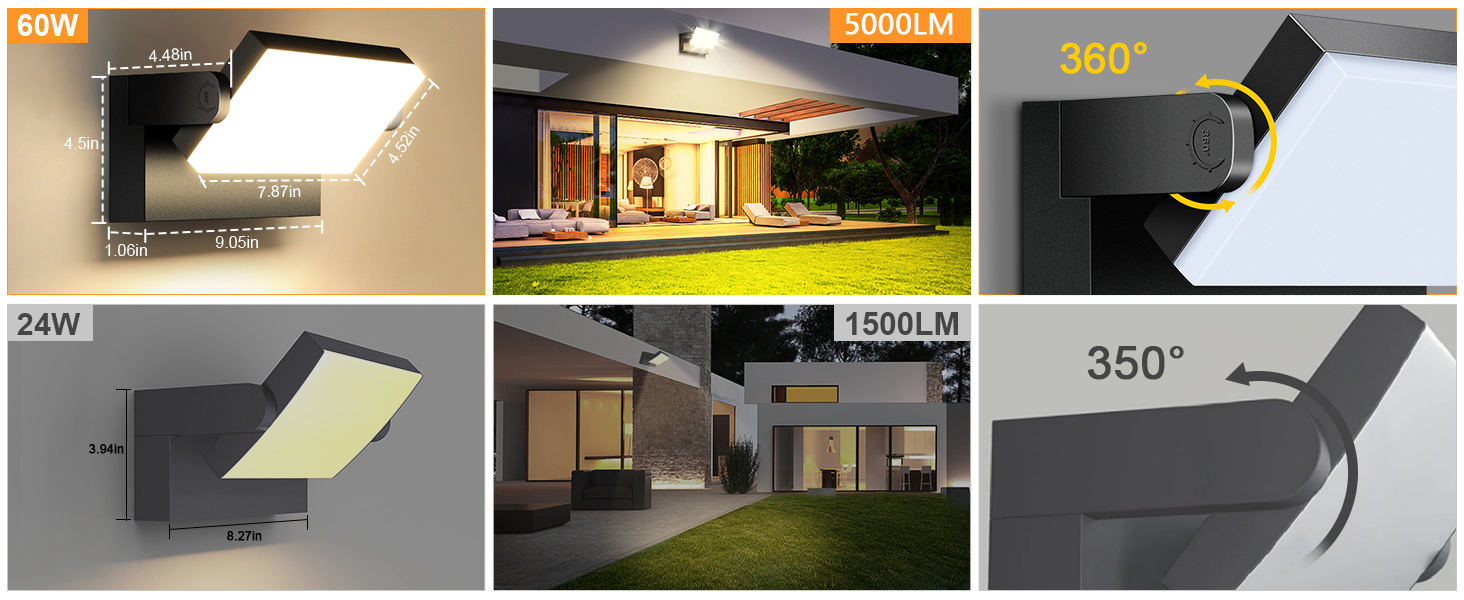 Стіна LED-ліхтар ledmo 60W чорний, 3000K, 5000LM, поворотна панель 360°, водонепроникна IP65 для вулиці та приміщень