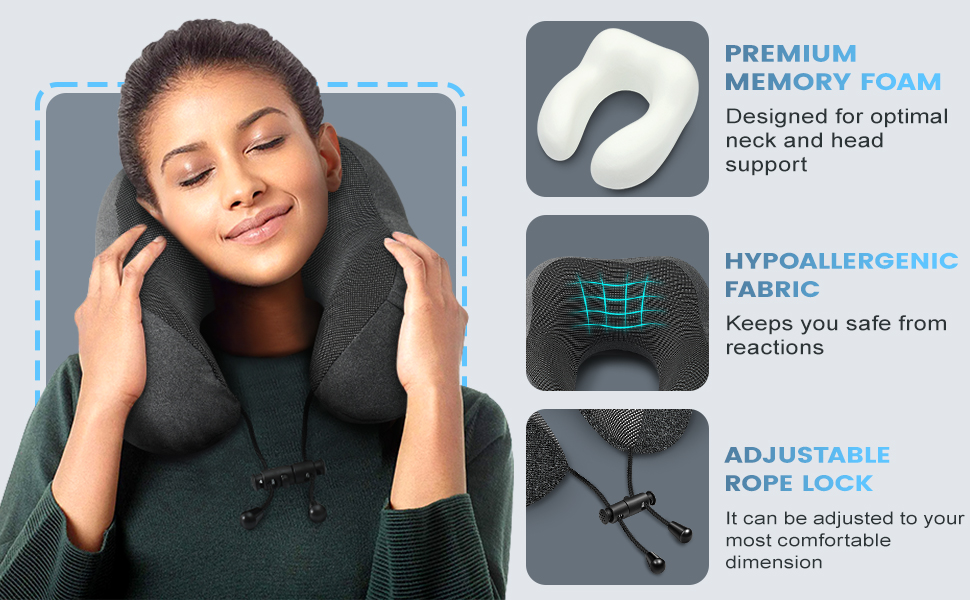 Подушка під шию для подорожей з ефектом пам'яті (Memory Foam) з 3D-маскою для сну та берушами, сіра