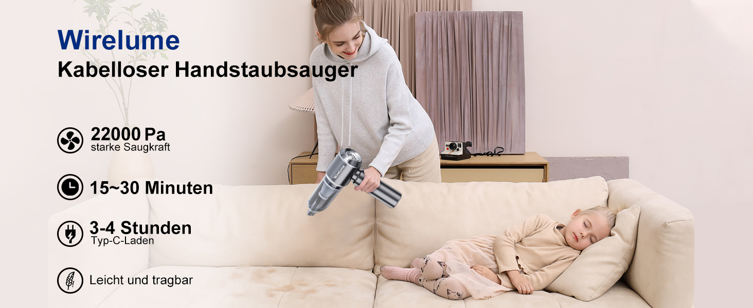 Акумуляторний ручний автомобільний пилосос 4 в 1, потужність 22000 Па, циклонна система, 3 режими всмоктування, портативний бездротовий пилосос для авто та шерсті тварин (Темно-сірий)